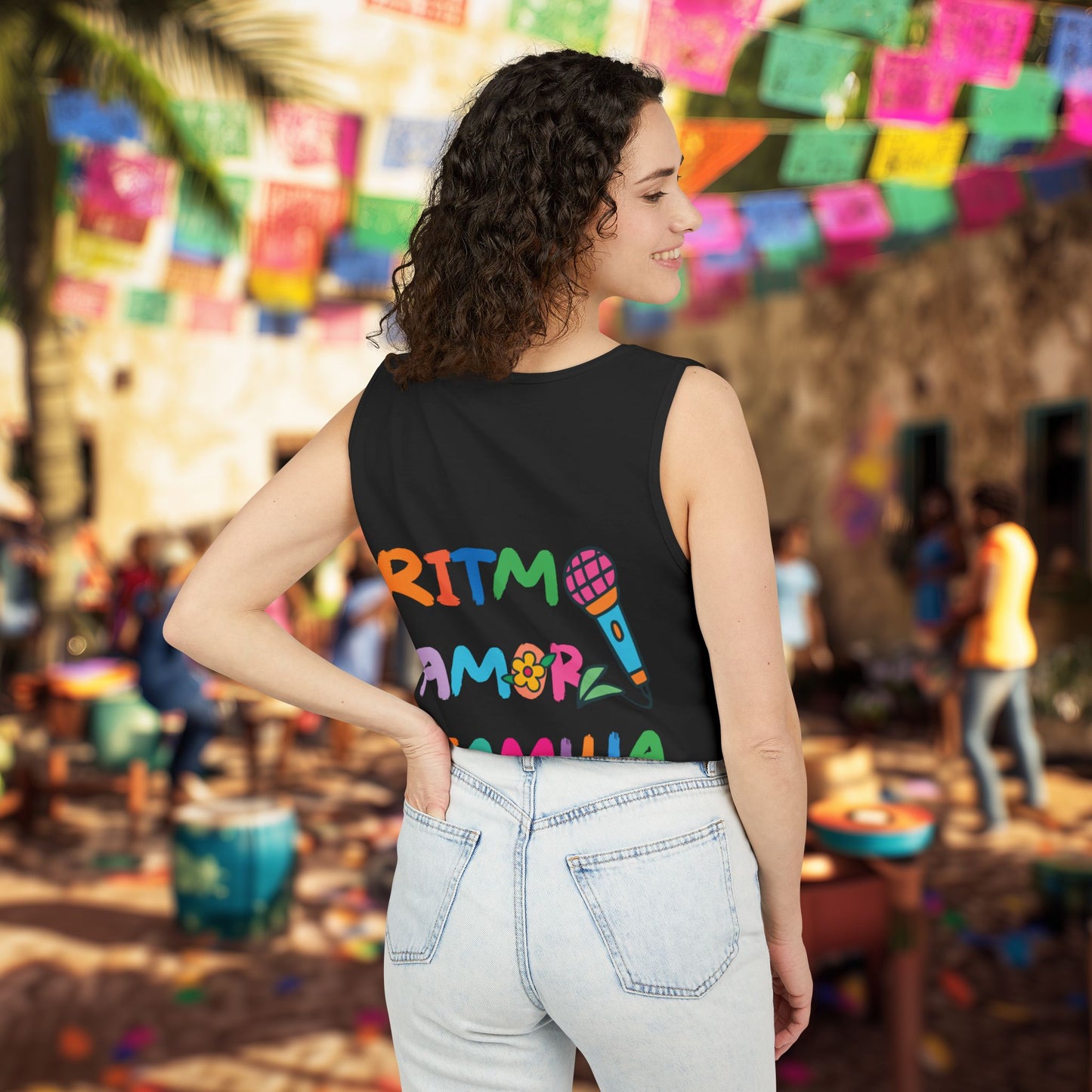 Ritmo. Amor. Familia. Unisex Garment-Dyed Tank Top