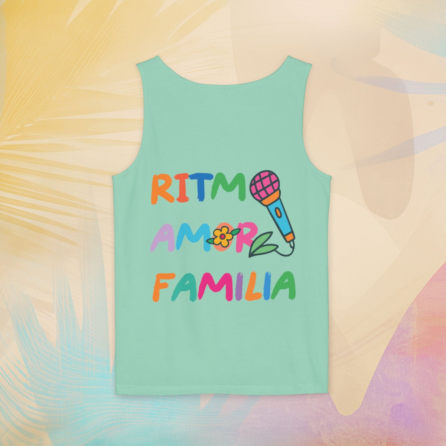 Ritmo. Amor. Familia. Unisex Garment-Dyed Tank Top