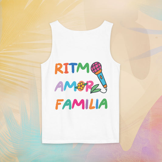 Ritmo. Amor. Familia. Unisex Garment-Dyed Tank Top